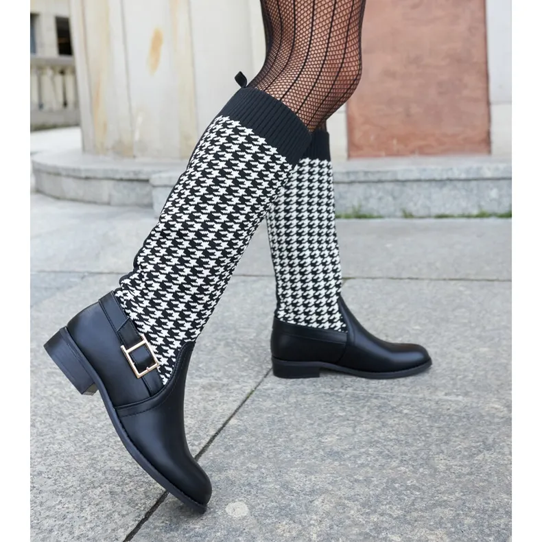 Bottines longues pied-de-poule noires et blanches par Maestas