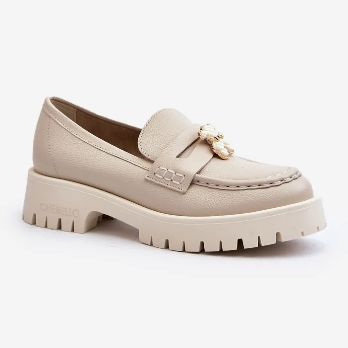 Chaussures En Cuir Mocassins Avec Ours En Peluche CheBello 4291 Beige Clair