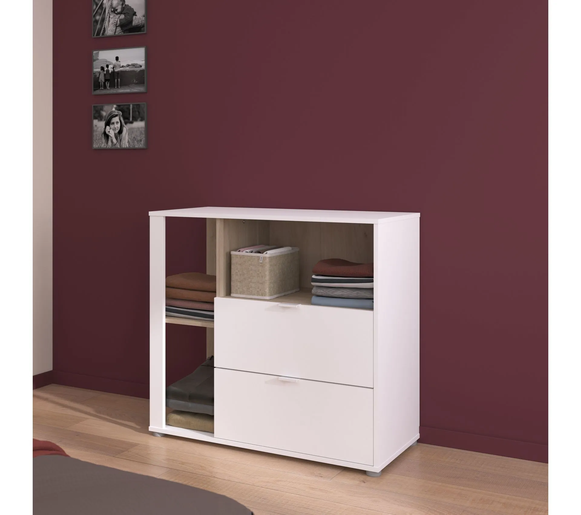 Commode 2 tiroirs 3 niches ALBORG blanc et imitation chêne