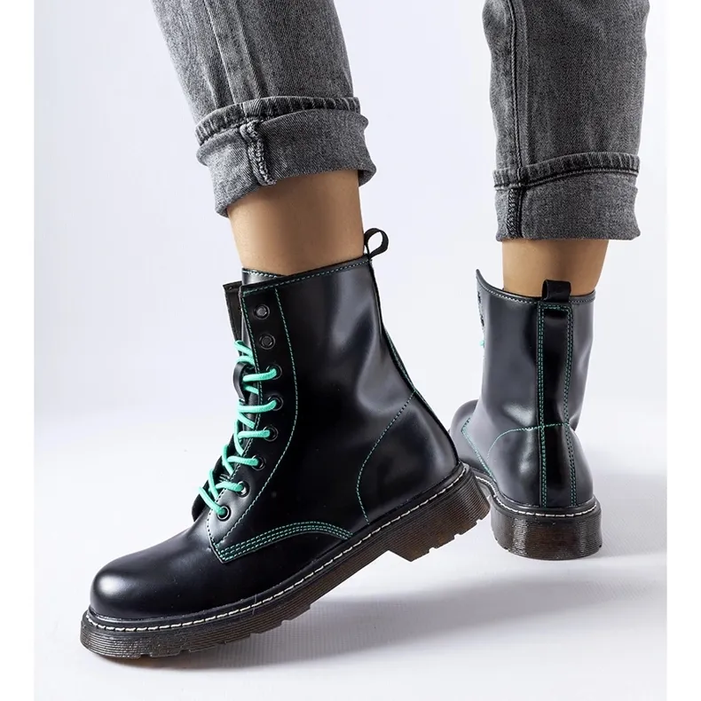 Inna Bottines noires avec fil Rocco vert décoratif le noir