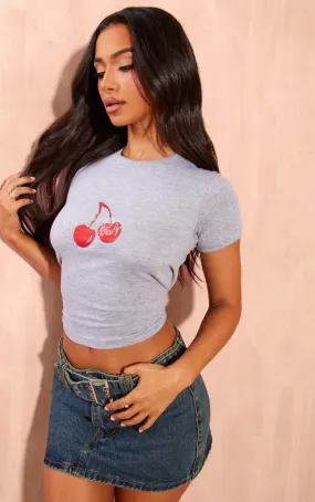 Petite T-shirt court et moulant gris imprimé à cerises