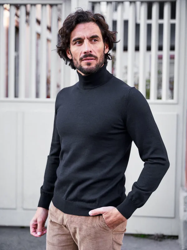 Pull col roulé en maille mérinos Henry noir