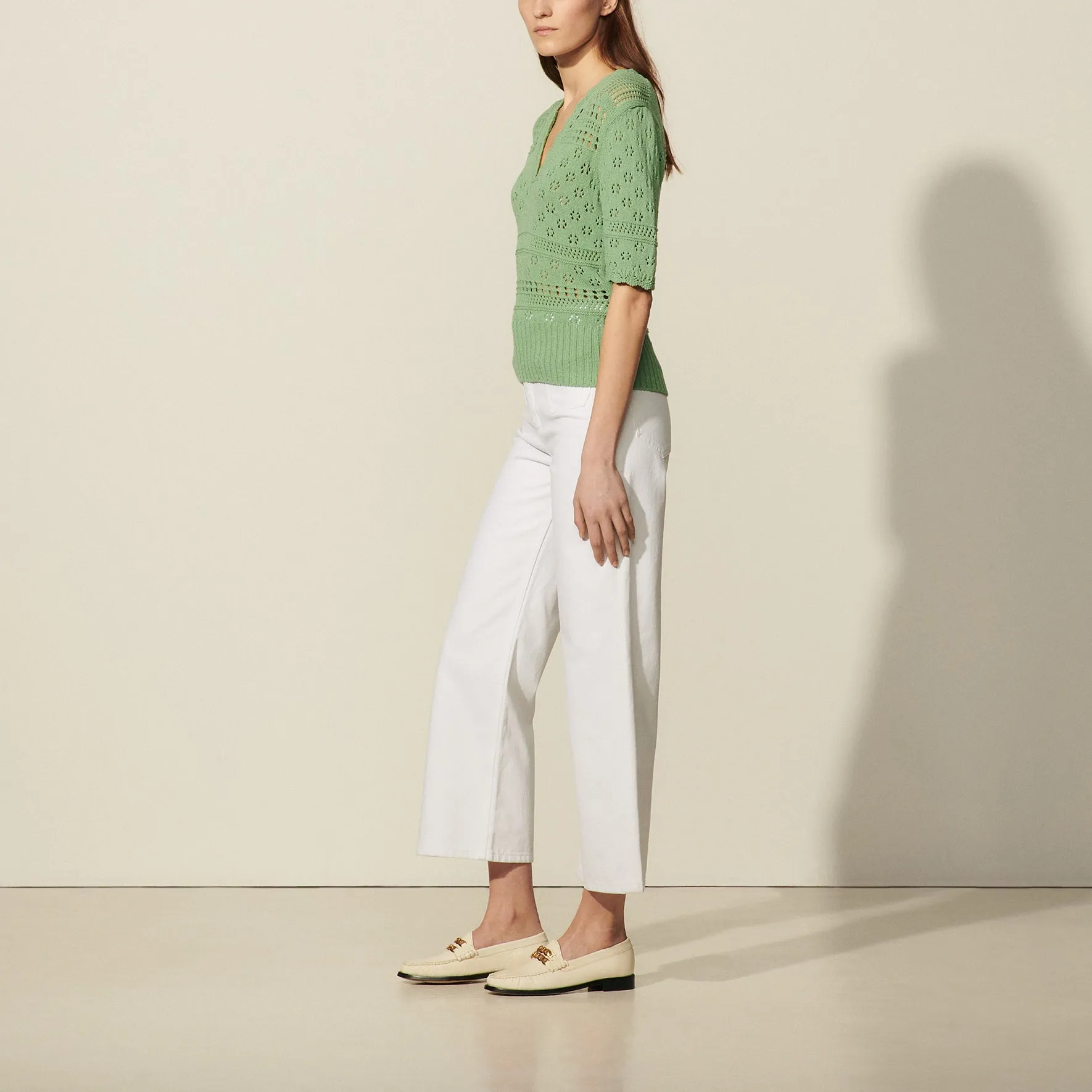 Pull manches courtes en maille fantaisie
