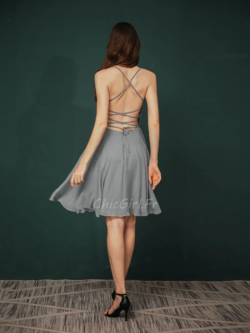 Robe De Bal Chic Courte Grise Mousseline Bretelles Croisées Dos Nu