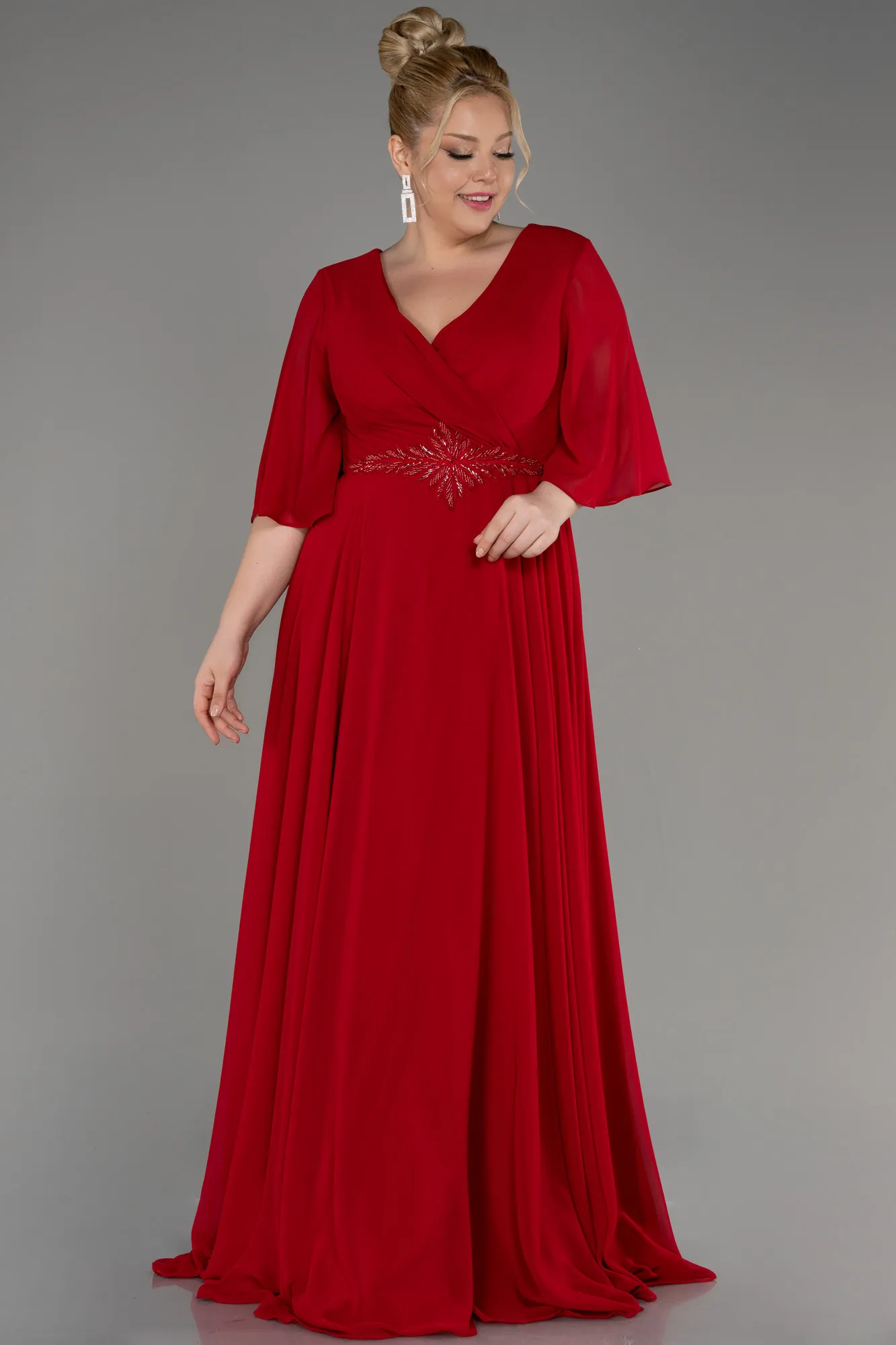 Robe de Soirée Grande Taille Longue Mousseline Rouge ABU3991