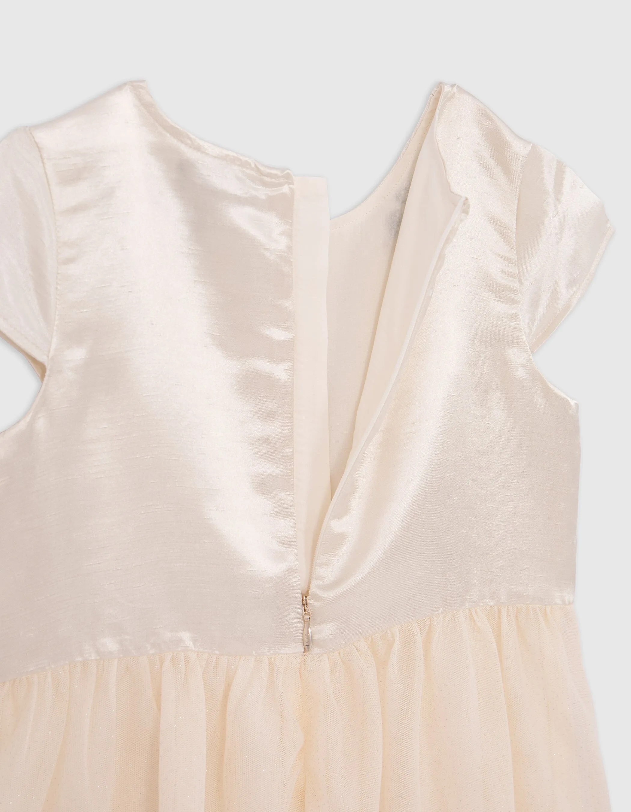 Robe écrue satinée et brodée bi-matière fille