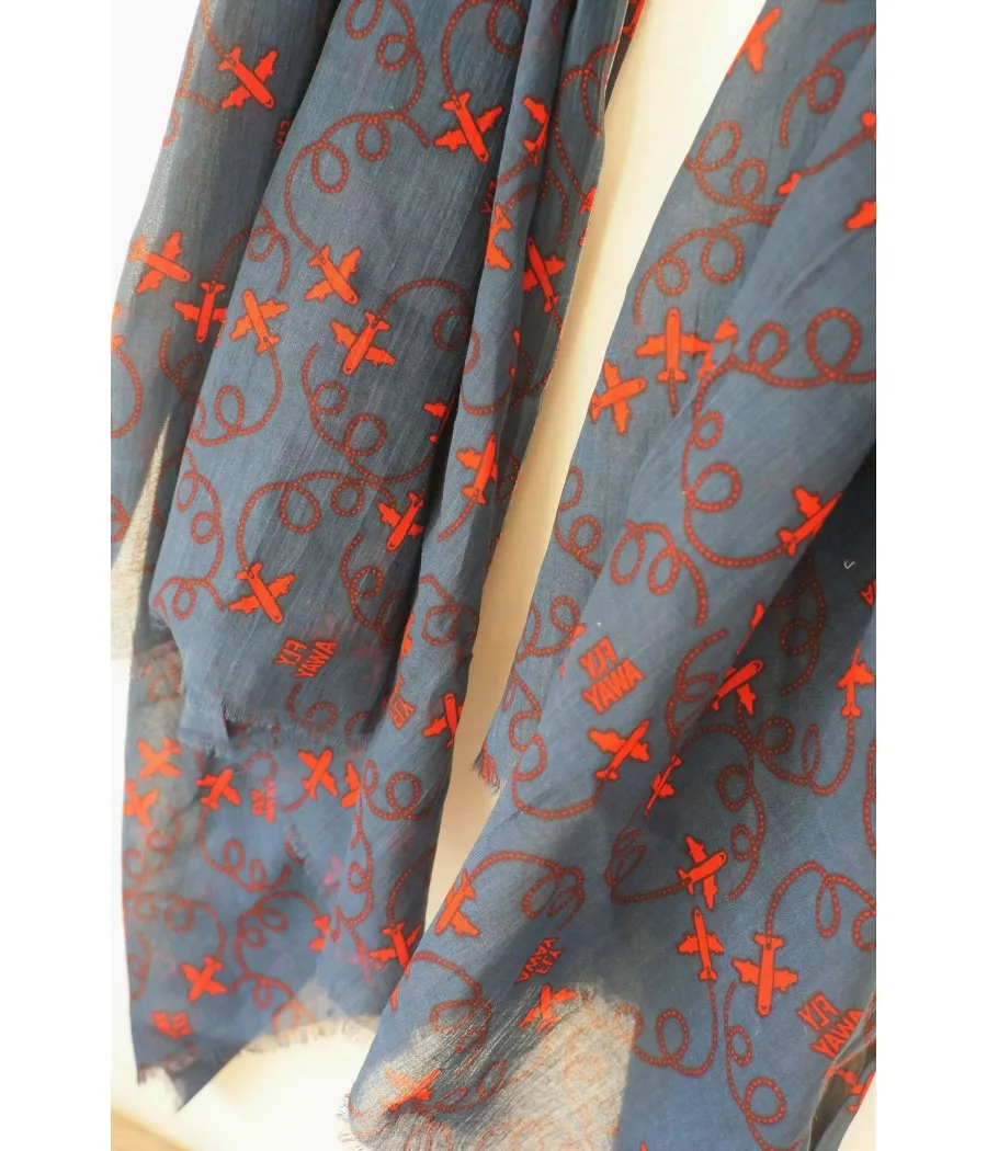 SANTAIA foulard coton bleu marine rouge imprimé avions fly away