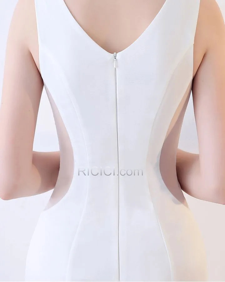 Transparente Longue Robe Soirée Blanche Sans Manches Sirène Décolleté Belle